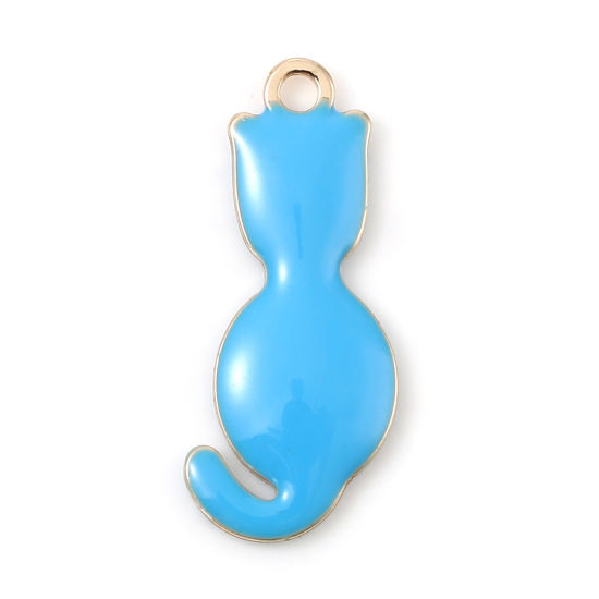 Image de Breloques Sequins Emaillés Double Face en Laiton Chat Doré Bleu 18mm x 8mm, 5 Pcs