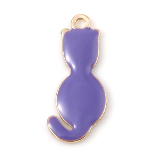 Image de Breloques Sequins Emaillés Double Face en Laiton Chat Doré Bleu Violet 18mm x 8mm, 5 Pcs