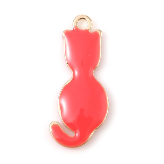 Image de Breloques Sequins Emaillés Double Face en Laiton Chat Doré Rouge Orangé 18mm x 8mm, 5 Pcs