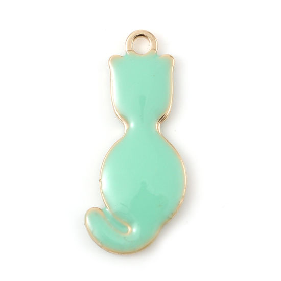 Image de Breloques Sequins Emaillés Double Face en Laiton Chat Doré Vert Clair 18mm x 8mm, 5 Pcs