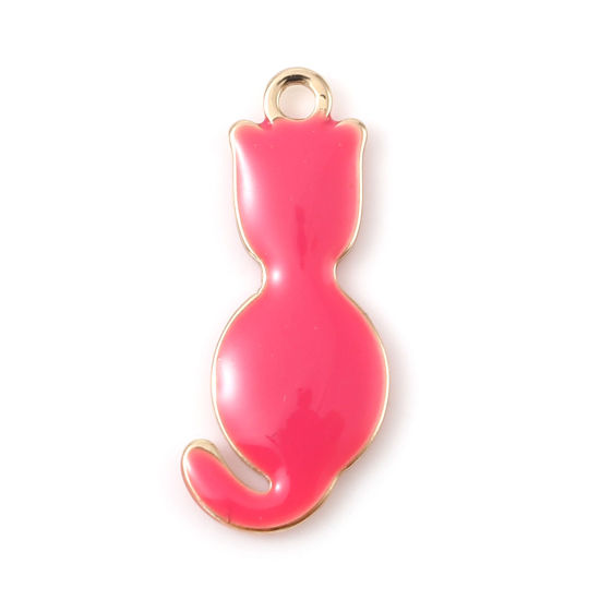 Image de Breloques Sequins Emaillés Double Face en Laiton Chat Doré Fuchsia 18mm x 8mm, 5 Pcs