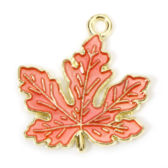 Picture of Zinc Based Alloy Charms Maple Leaf Gold Plated Peach Pink Enamel 21mm x 20mm, 20 PCs