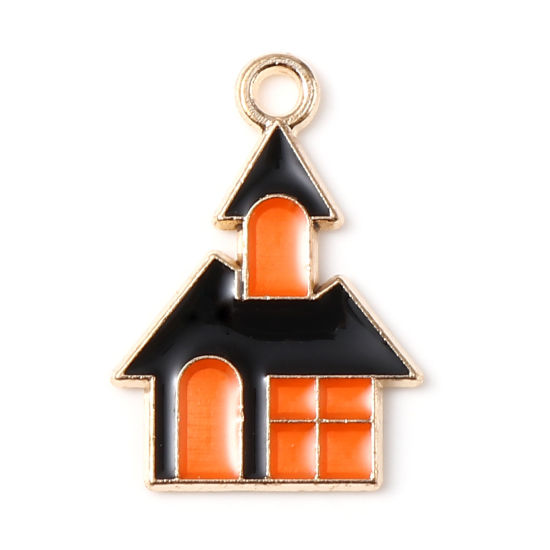 Picture of Zinc Based Alloy Halloween Charms Castle KC Gold Plated Black & Orange Enamel 22mm x 15mm, 10 PCs
