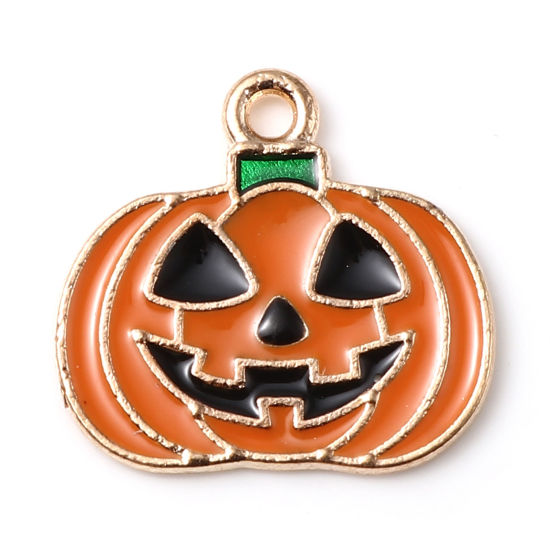Picture of Zinc Based Alloy Charms KC Gold Plated Black & Orange Halloween Pumpkin Enamel 21mm x 19mm, 10 PCs