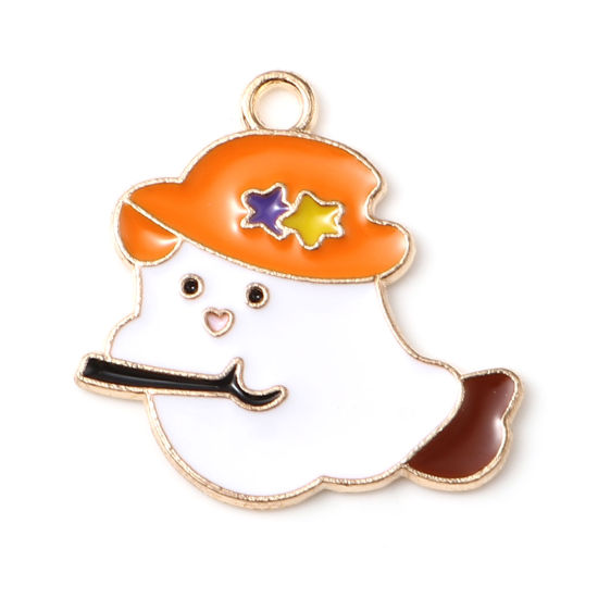 Picture of Zinc Based Alloy Charms Halloween Ghost KC Gold Plated White & Orange Enamel 23mm x 23mm, 10 PCs