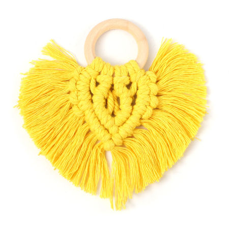 Bild von Holz & Polyester Quaste Anhänger Herz Gelb 9.5cm x 9cm, 1 Stück
