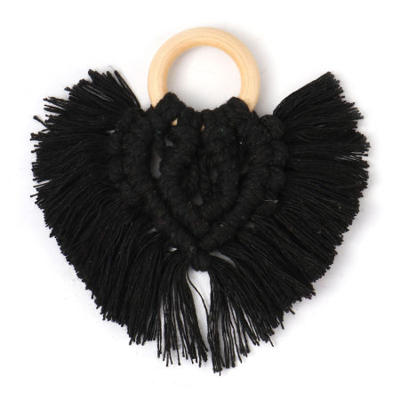 Bild von Holz & Polyester Quaste Anhänger Herz Schwarz 9.5cm x 9cm, 1 Stück