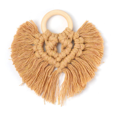 Bild von Holz & Polyester Quaste Anhänger Herz Khaki 9.5cm x 9cm, 1 Stück