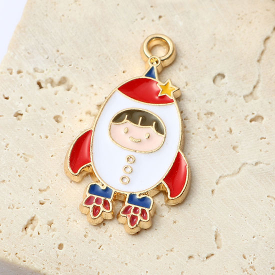 Immagine di Lega di Zinco Galassia Charms Astronauta Oro Placcato Multicolore Razzo Smalto 28mm x 16mm , 10 Pz