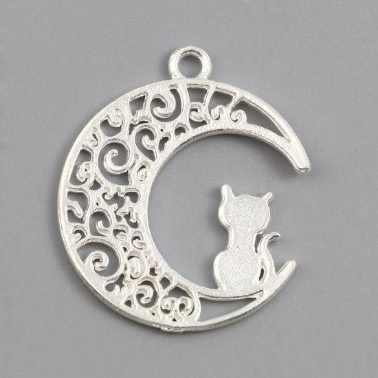 Picture of Zinc Based Alloy Galaxy Charms Half Moon Silver Plated Cat 29mm x 25mm, 10 PCs