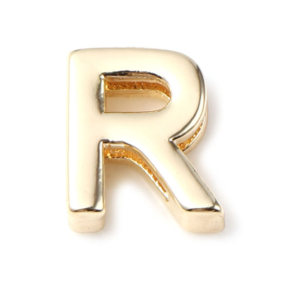 Picture of Brass Beads 14K Real Gold Plated Capital Alphabet/ Letter Message " R " About 9mm x 7mm, 5 PCs