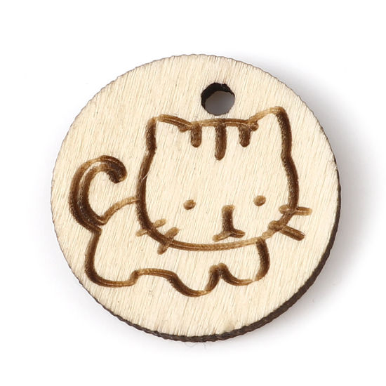 Bild von Natürliches Holz Charms Rund Hell Khaki , mit Katze 19mm D., 30 Stück