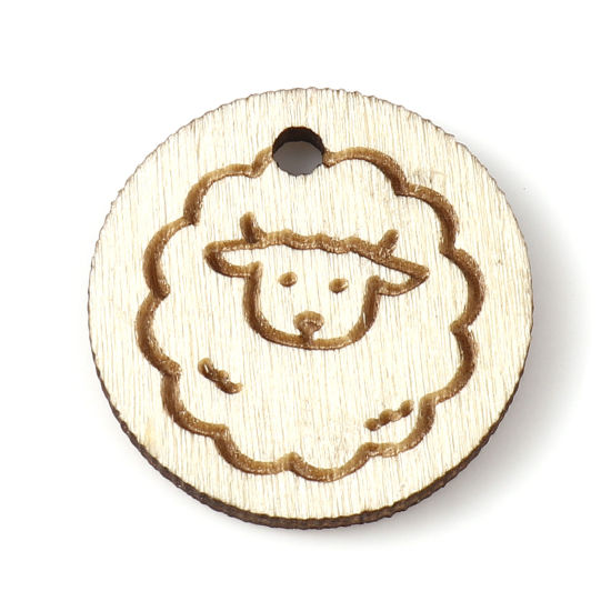 Bild von Natürliches Holz Charms Rund Hell Khaki , mit Schaf 19mm D., 30 Stück