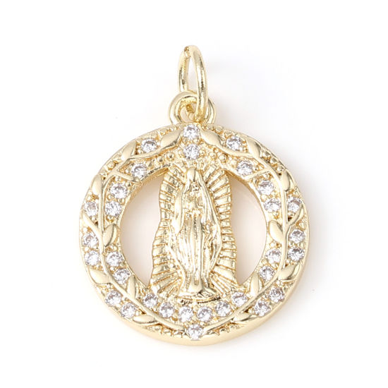 Image de Breloques Religieux en Laiton Rond Doré Sainte Vierge Marie Micro Pave à Strass Transparent 20mm x 15mm, 1 Pièce                                                                                                                                              