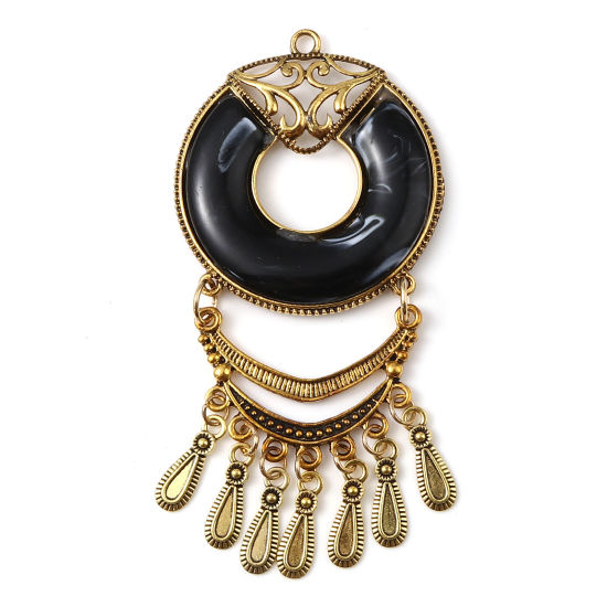 Immagine di Lega di Zinco + Resina Stile Bohemien Ciondoli Tondo Oro Antico Nero Nappine Nero Strass 11cm x 5.2cm , 1 Pz