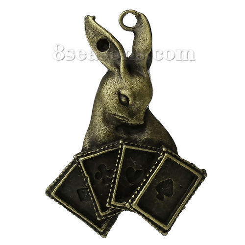 Immagine di Lega di Zinco Charm Ciondoli Coniglio Animale Tono del Bronzo Poker Scolpito (Addetti ss10 Strass) 48mm x 34mm , 5 Pz