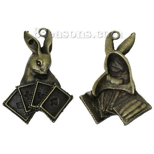 Immagine di Lega di Zinco Charm Ciondoli Coniglio Animale Tono del Bronzo Poker Scolpito (Addetti ss10 Strass) 48mm x 34mm , 5 Pz