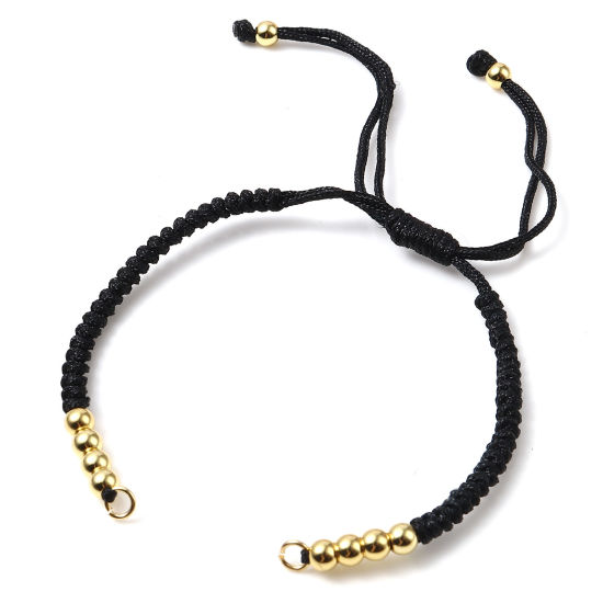 Picture of Stainless Steel & Polyester Braiding Braided Bracelets Accessories Findings Gold Plated Black Adjustable 13cm(5 1/8") long, 1 Piece
