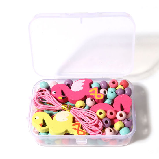 Picture of Natural Wood Spacer Beads Multicolor Flamingo About 6mm Dia., About 3.5cm x 2.1cm, Hole: Approx 2.3mm, 1 Set