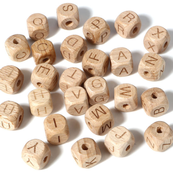 Picture of Wood Spacer Beads Square Natural Initial Alphabet/ Capital Letter About 12mm x 12mm, Hole: Approx 4.2mm, 1 Packet(26 Pcs/Packet)