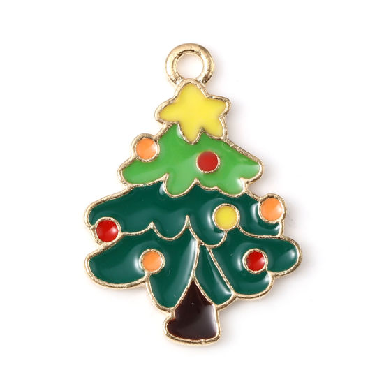Изображение Цинковый Сплав Подвески Рождественская елка Позолоченный Разноцветный С Эмалью 25мм x 18мм, 10 ШТ