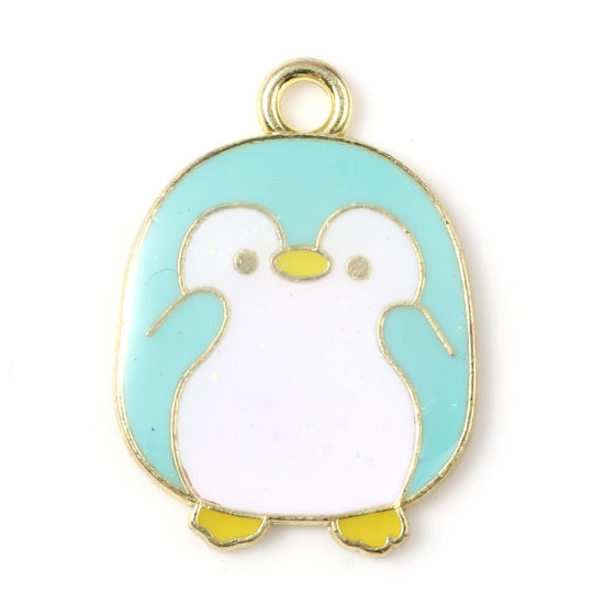 Picture of Zinc Based Alloy Charms Penguin Animal Gold Plated White & Green Enamel 23mm x 17mm, 10 PCs