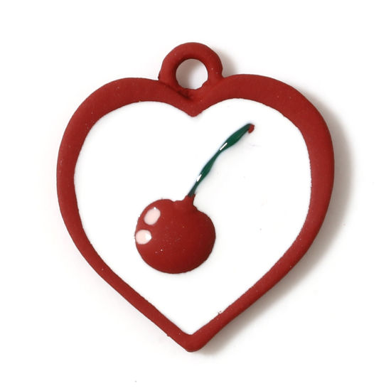 Immagine di Lega di Zinco Charms Cuore Bianco & Rosso Ciliegia Smalto 20mm x 17mm , 5 Pz