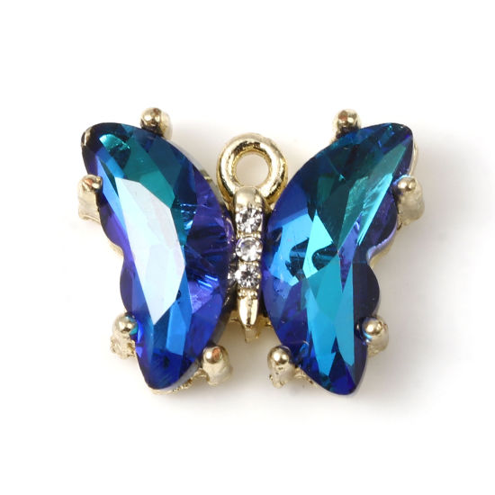 Picture of Zinc Based Alloy & Glass Insect Charms Butterfly Animal Gold Plated Blue AB Color Clear Rhinestone 18mm x 15mm, 5 PCs