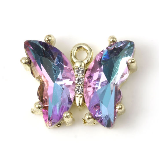 Picture of Zinc Based Alloy & Glass Insect Charms Butterfly Animal Gold Plated Purple AB Color Clear Rhinestone 18mm x 15mm, 5 PCs