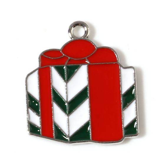 Immagine di Lega di Zinco Charms Contenitore di Regalo di Natale Tono Argento Rosso & Verde Smalto 21mm x 19mm , 10 Pz