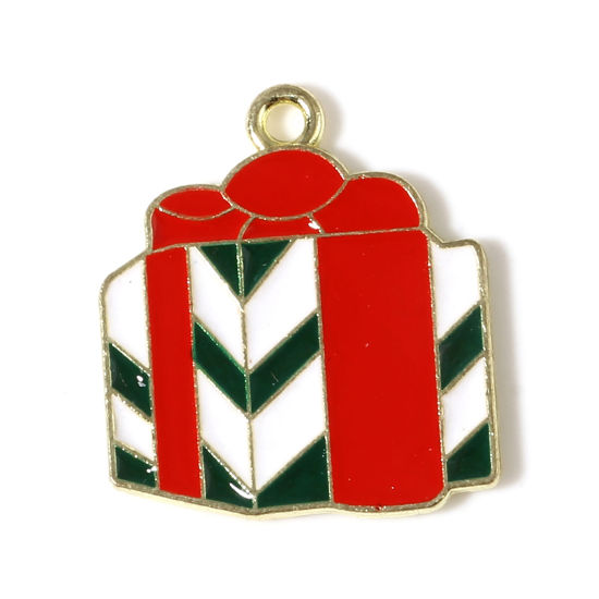 Immagine di Lega di Zinco Charms Contenitore di Regalo di Natale Oro Placcato Rosso & Verde Smalto 21mm x 19mm , 10 Pz