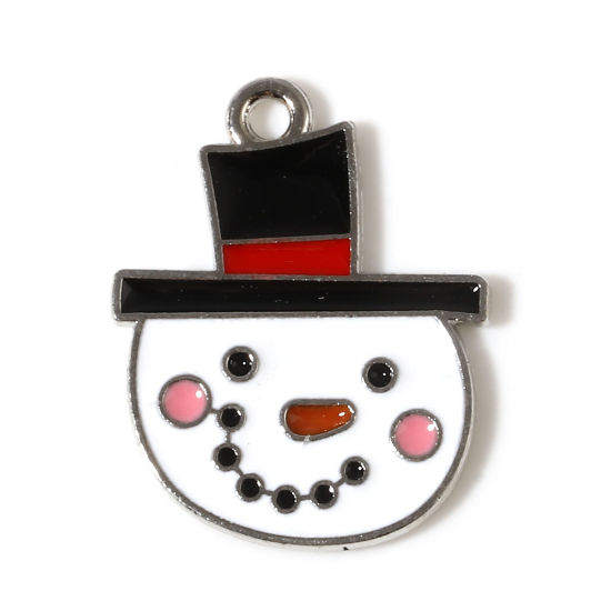 Immagine di Lega di Zinco Charms Pupazzo Natale Tono Argento Nero & Bianco Smalto 21mm x 16mm , 10 Pz