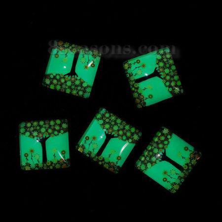 Glas Dom Cabochons Leuchten im Dunkel Quadrat Platt Bunt Bäume Muster 20mm x 20mm, 10 Stücke