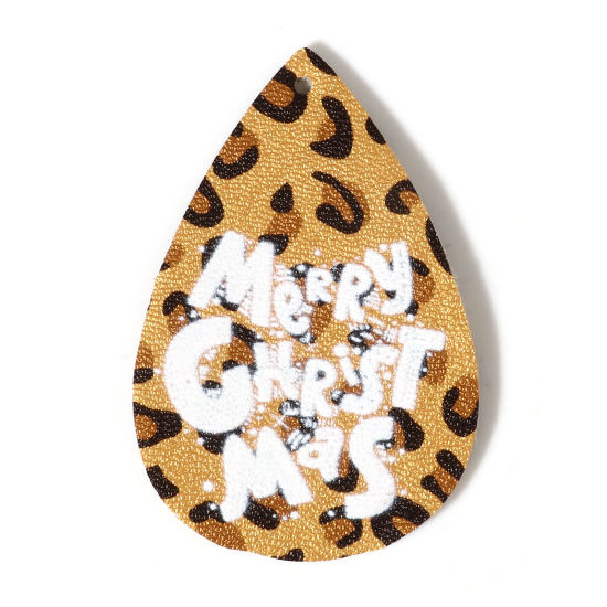 Picture of PU Leather Pendants Drop Brown Yellow Message " Merry Christmas " 5.6cm x 3.7cm, 5 PCs