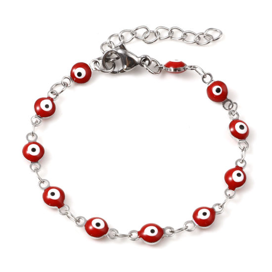 Picture of 304 Stainless Steel Children Kids Bracelets Silver Tone Red Round Evil Eye Enamel 13.5cm(5 3/8") long, 1 Piece