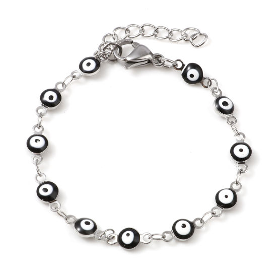 Picture of 304 Stainless Steel Children Kids Bracelets Silver Tone Black Round Evil Eye Enamel 13.5cm(5 3/8") long, 1 Piece