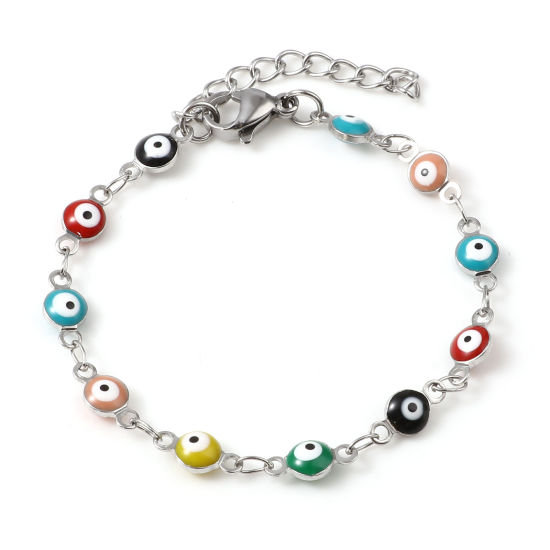 Picture of 304 Stainless Steel Children Kids Bracelets Silver Tone Multicolor Round Evil Eye Enamel 13.5cm(5 3/8") long, 1 Piece