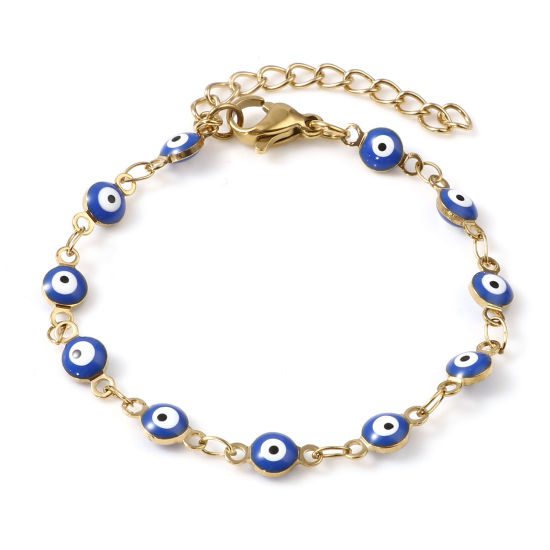 Immagine di 1 Pz Placcatura Sottovuoto 304 Acciaio Inossidabile Bambini Braccialetti Oro Placcato Blu Tondo Malocchio Smalto 13.5cm Lunghezza