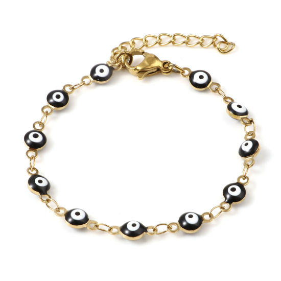 Immagine di 1 Pz Placcatura Sottovuoto 304 Acciaio Inossidabile Bambini Braccialetti Oro Placcato Nero Tondo Malocchio Smalto 13.5cm Lunghezza