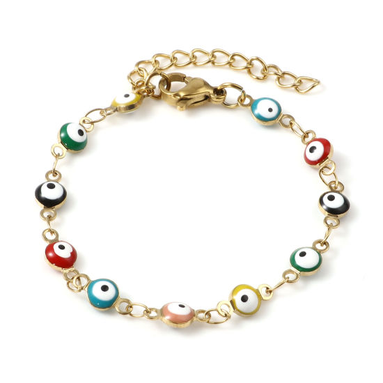 Immagine di 1 Pz Placcatura Sottovuoto 304 Acciaio Inossidabile Bambini Braccialetti Oro Placcato Multicolore Tondo Malocchio Smalto 13.5cm Lunghezza