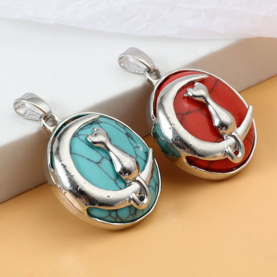 Picture of Zinc Based Alloy Galaxy Pendants Half Moon Silver Tone At Random Color Cat 3.7cm x 2.8cm, 1 Piece