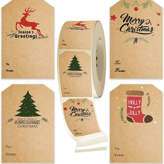 Image de Marron - Papier Kraft de Noël Étiquettes Cadeaux Autocollants Décoration 7.5x5cm, 1 Rouleau