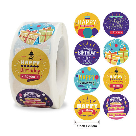 Изображение Multicolor - Message " Happy Birthday " Art Paper DIY Gift Stickers Labels Decoration 2.5cm Dia., 1 Roll