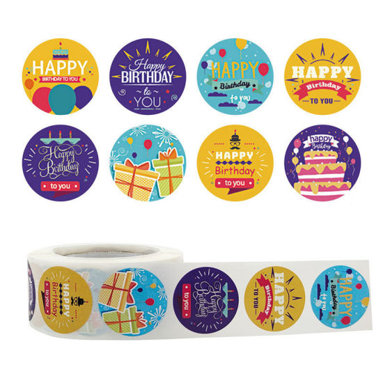 Изображение Multicolor - Message " Happy Birthday " Art Paper DIY Gift Stickers Labels Decoration 2.5cm Dia., 1 Roll