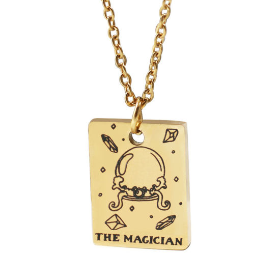 Picture of 304 Stainless Steel Tarot Necklace Gold Plated Rectangle Message " THE MAGICIAN " Plating 45cm(17 6/8") long, 1 Piece