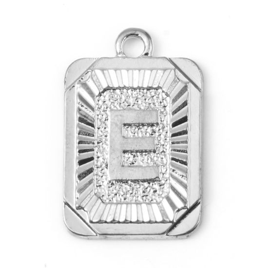 Immagine di Lega di Zinco Charms Rettangolo Tono Argento Lettera Maiuscola Lettere " E " 23mm x 15mm , 10 Pz