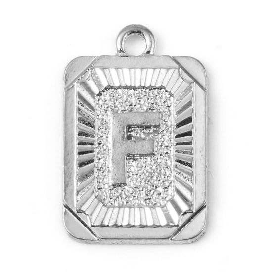 Immagine di Lega di Zinco Charms Rettangolo Tono Argento Lettera Maiuscola Lettere " F " 23mm x 15mm , 10 Pz