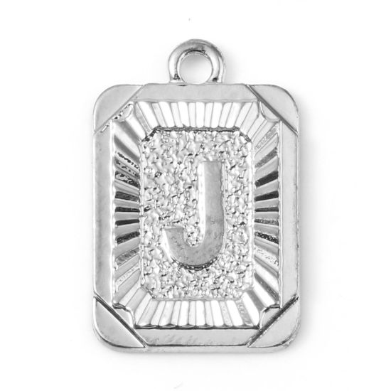 Immagine di Lega di Zinco Charms Rettangolo Tono Argento Lettera Maiuscola Lettere " J " 23mm x 15mm , 10 Pz