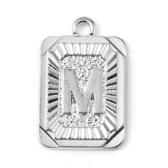 Immagine di Lega di Zinco Charms Rettangolo Tono Argento Lettera Maiuscola Lettere " M " 23mm x 15mm , 10 Pz