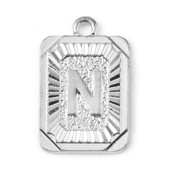 Immagine di Lega di Zinco Charms Rettangolo Tono Argento Lettera Maiuscola Lettere " N " 23mm x 15mm , 10 Pz